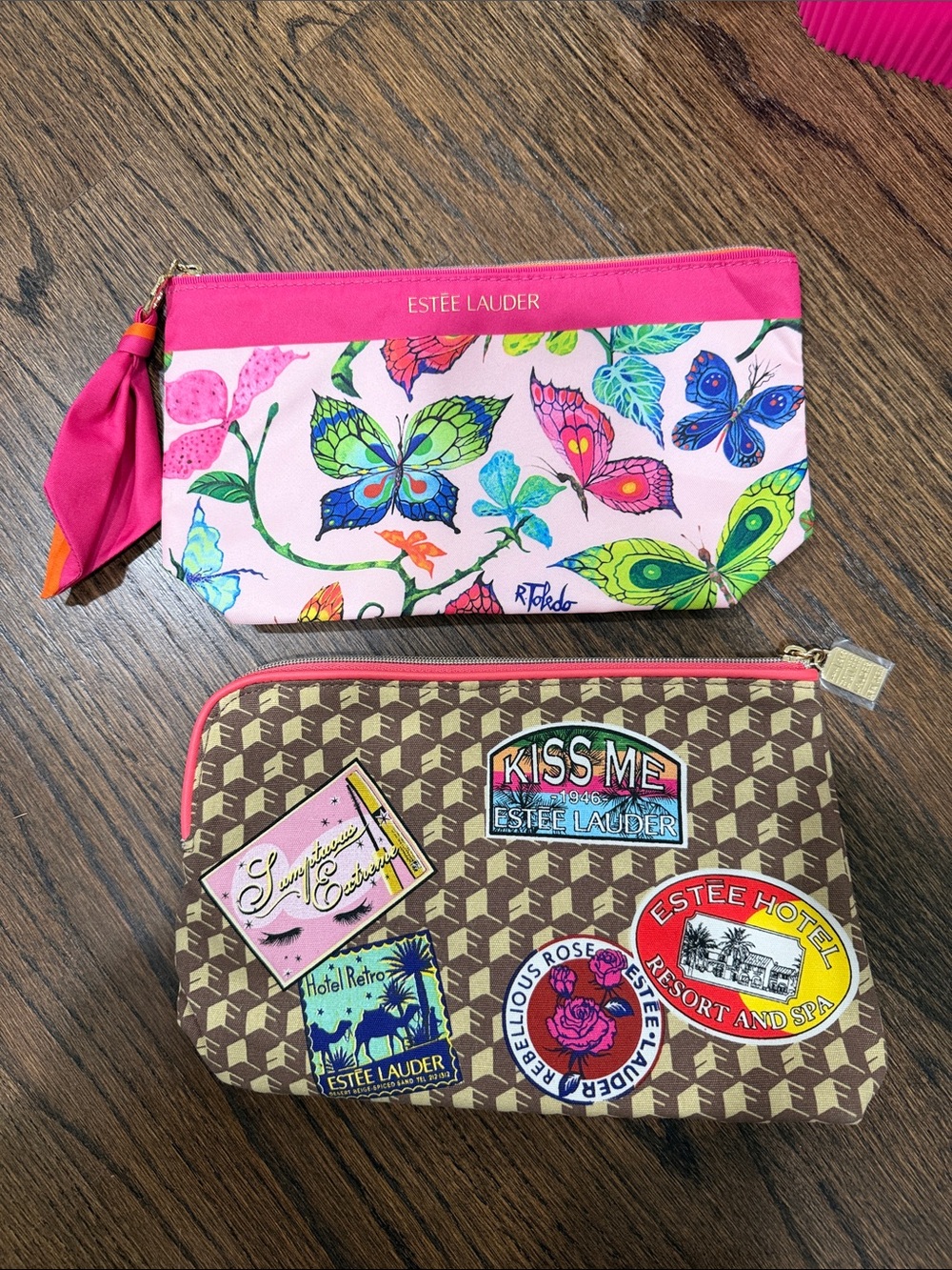 Estee Lauder Pink Butterfly & Brown Patchwork Cosmetic Bags